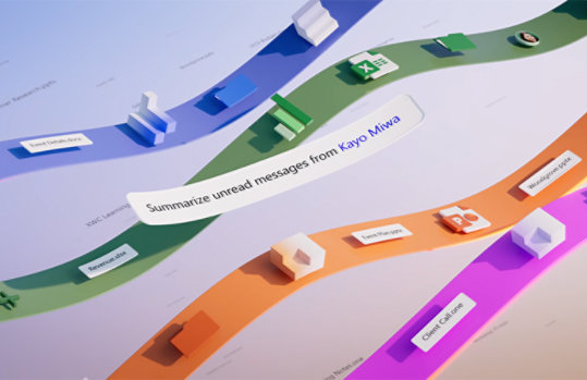 Colorful 3D ribbons with icons and labels representing Microsoft apps and tasks. A white panel displays the text: 'Summarize unread messages from Kayo Miwa.'