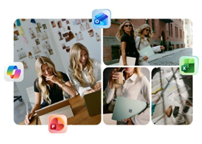 A collage of photos featuring the phe phe twins — two blonde women collaborating over a Surface laptop in a creative studio, walking confidently on a city street, and holding a Surface device — overlaid with Microsoft 365 app icons including Copilot, Outlook, PowerPoint, and Excel.