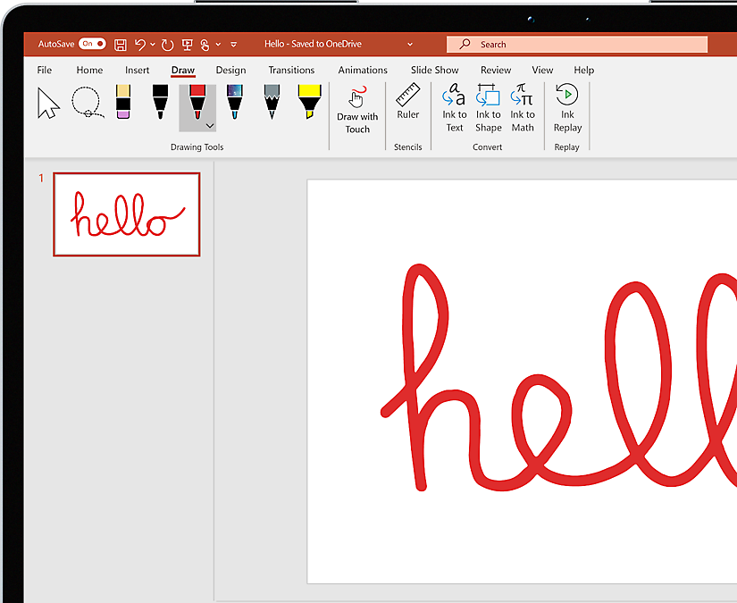 Presentación de PowerPoint en la que el usuario ha usado el marcador para escribir "hola" en una diapositiva.