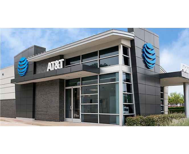 Ein AT&T-Geschäft mit einem blauen und schwarzen Schild.