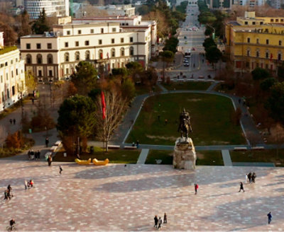 A birds eye view of a park and adjacent buildings