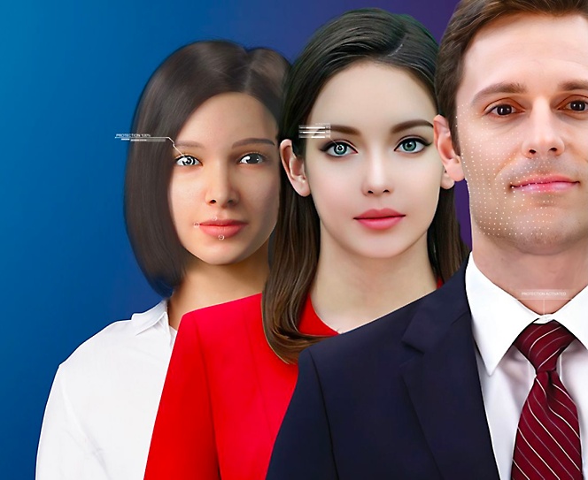 DeepBrain AI avatars of a man and two women next to eachother.