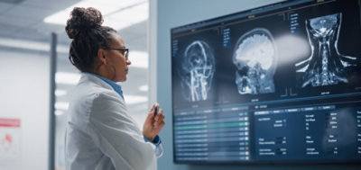 Healthcare professional reviewing medical imaging on a large display.