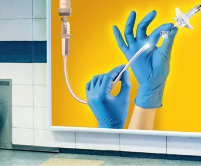 A medical poster of hands holding a tube