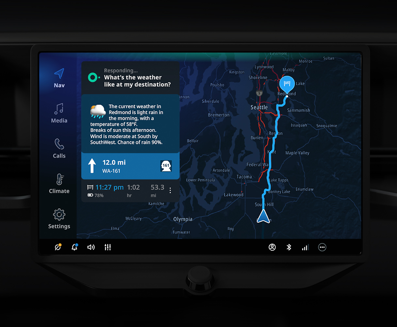 Car dashboard screen displaying a navigation map from olympia to seattle, with additional widgets for weather, media