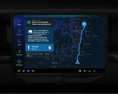 Car's touchscreen display showing a navigation map with a weather forecast for Seattle area and various control settings.