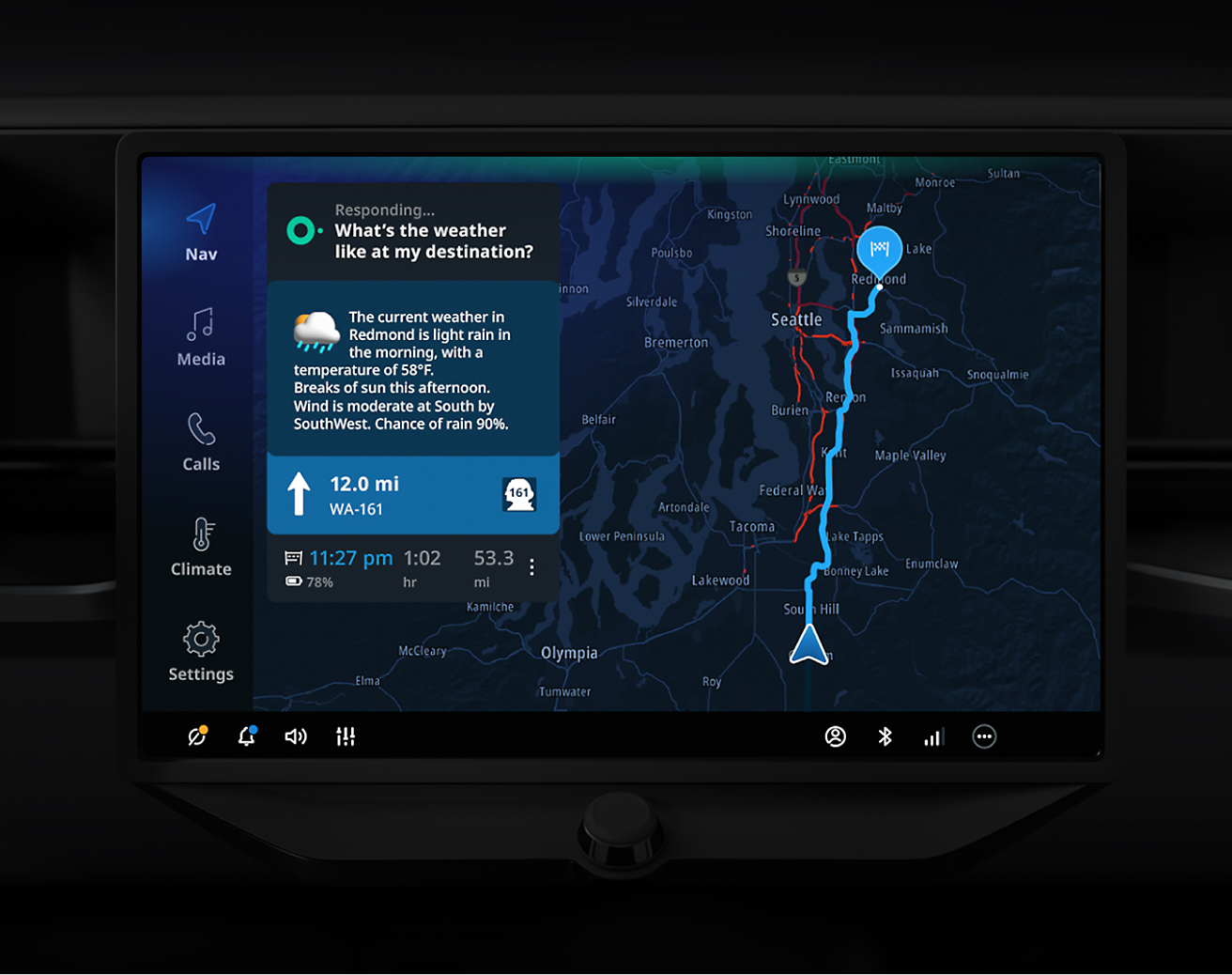 Berøringsskjermen på bilen viser et navigasjonskart med værmelding for Seattle-området og ulike kontrollinnstillinger.