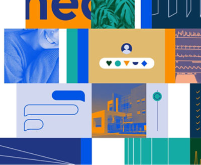 A collage of different stylized images, including a smiling person and a the exterior of a workplace.