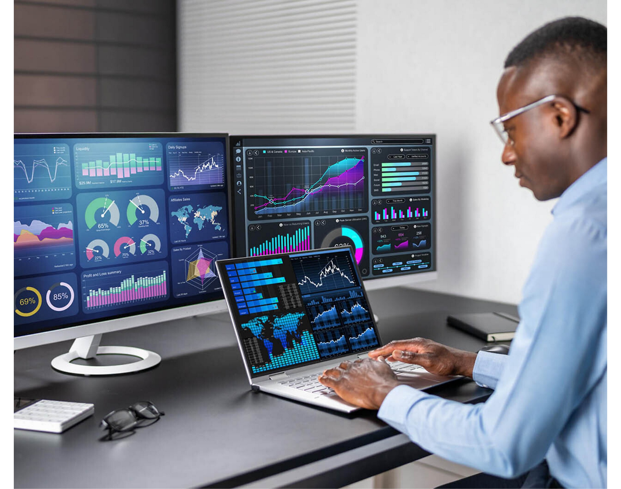 一名男士在現代化的辦公室環境中使用多個電腦螢幕分析財務資料。