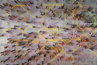 Aerial view of a busy intersection filled with many people walking in various directions