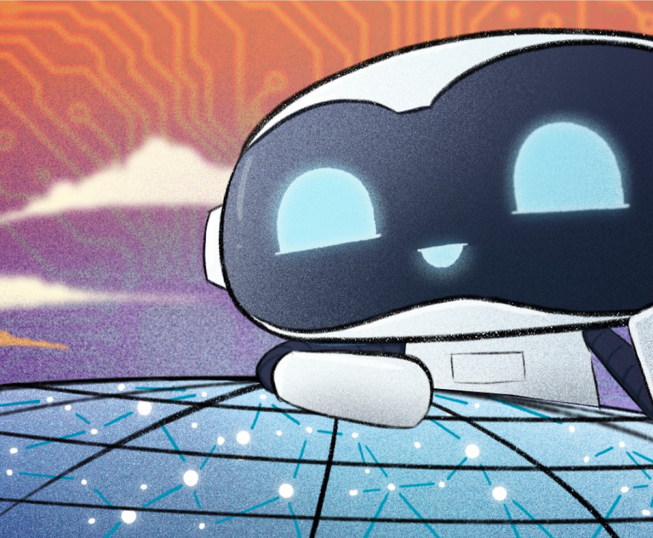 A digital illustration of a robot with a large visor lying down on a grid floor, set against a backdrop with a pink and orange sky.