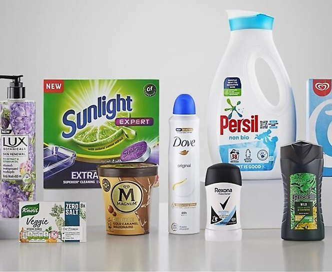 A variety of products are shown on a white surface