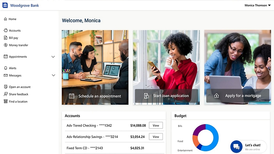 Financial dashboard for Monica with account details, bill pay, money transfer, appointments, alerts, and budget information