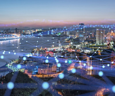 A cityscape with lights and buildings