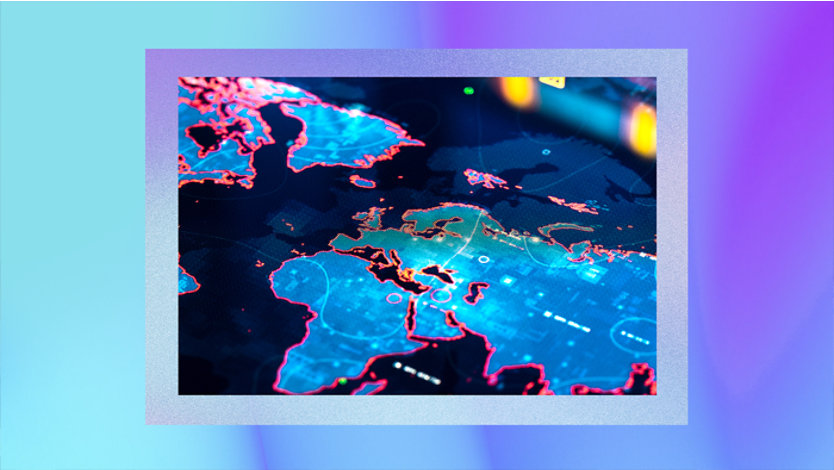 Digital map highlighting regions in Europe, Africa, and the Middle East with bright blue and red colors. Various lines and circles mark specific points of interest, set against a gradient background of light blue to purple.