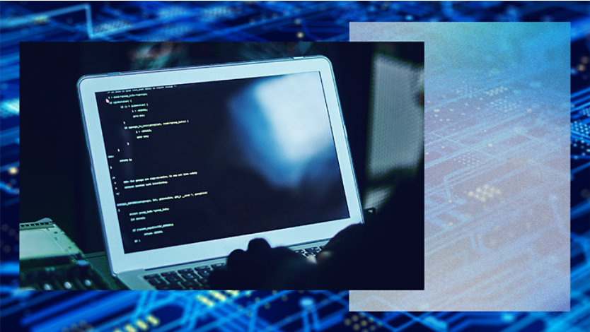 Person working on a laptop displaying code, with a blue circuit board pattern in the background.