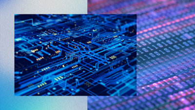 Digital circuit board with blue and yellow electrical pathways overlaid on a background of binary code in purple and pink tones.