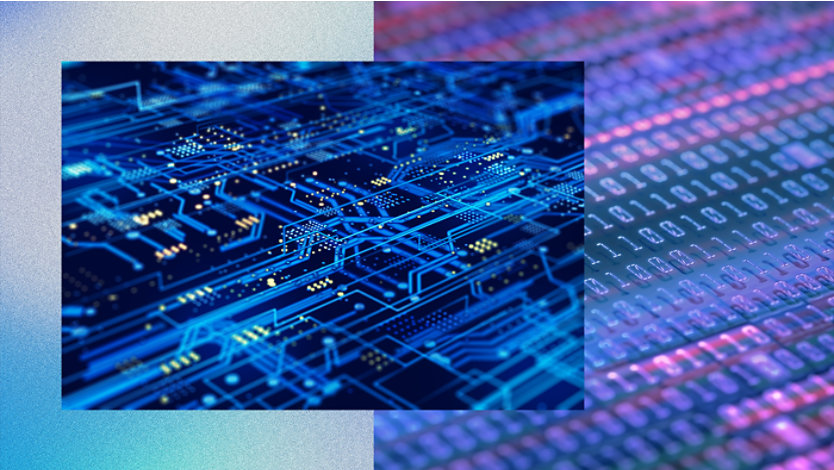 Digital circuit board with blue and yellow electrical pathways overlaid on a background of binary code in purple and pink tones.