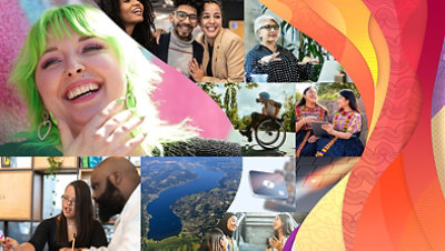 Colorful collage of different people in work and casual settings