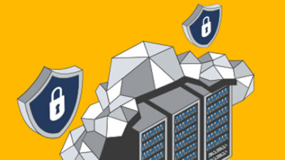 Uma tela de computador com ícones de servidores e proteção