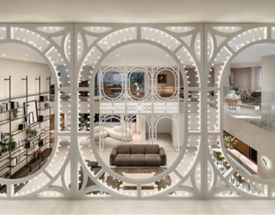 A living room with a large circular light fixture.