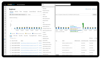 Screenshot of a report in the protection portal showing malware threats detected by the service, organized chronologically.