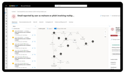 Close-up photograph of a laptop displaying an investigation graph with information about weaponized URLs in email.