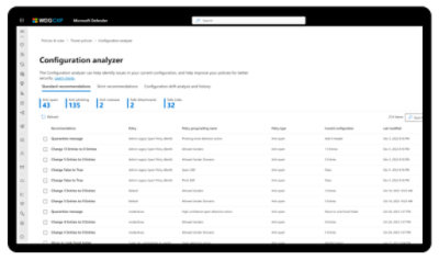 Close-up photograph of a report in the protection portal showing existing policy configurations compared with recommended configurations.