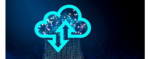 Stylized image of a cloud with digital arrows pointing up, representing data upload, set against a dark blue background.