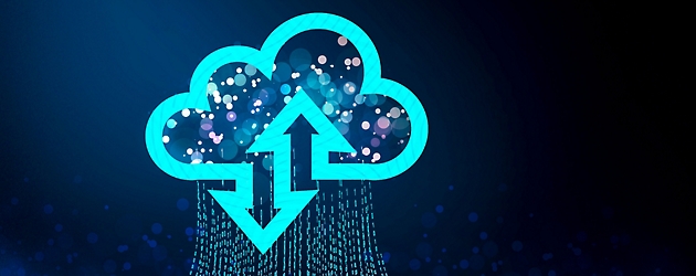 Stylized image of a cloud with digital arrows pointing up, representing data upload, set against a dark blue background.