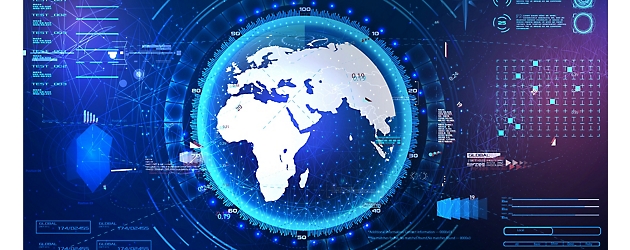 Cyfrowa grafika przedstawiająca ziemię ze strumieniami danych i futurystycznymi elementami interfejsu symbolizującymi globalną łączność i technologię.