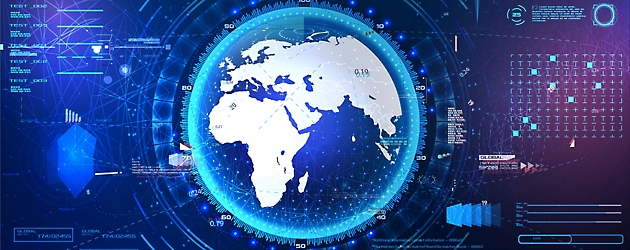 Digital graphic of the earth with data streams and futuristic interface elements, symbolizing global connectivity and technology.