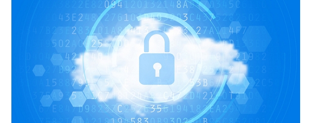 Cyfrowy obraz koncepcyjny przedstawiający ikonę zamkniętej kłódki wyśrodkowanej nad chmurą, która symbolizuje bezpieczeństwo chmury.