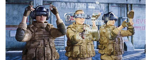 Tres soldados con equipo futurista, gafas digitales y chalecos armados hacen gestos hacia una interfaz holográfica