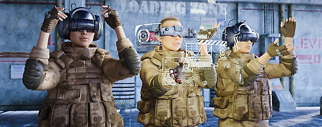 Three soldiers in futuristic gear with digital goggles and armed vests gesture towards a holographic interface