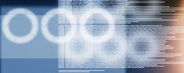 Digital binary code and computer programming script overlaying a blurred abstract background.