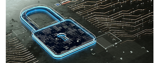Digital padlock with code overlay on a circuit board, symbolizing data security and encryption technology.