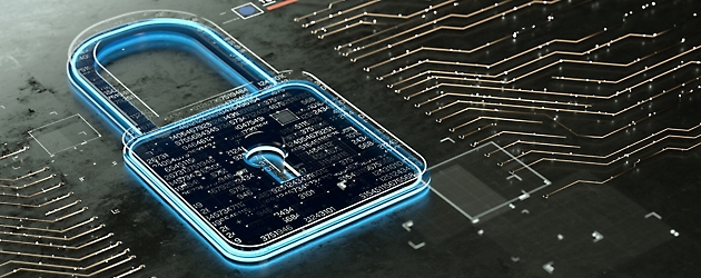 Digital padlock with code overlay on a circuit board, symbolizing data security and encryption technology.