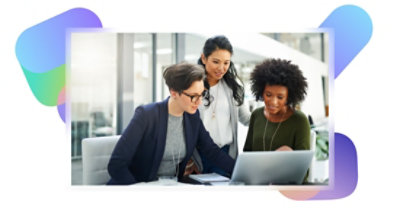 Three people having a conversation and looking at a laptop.
