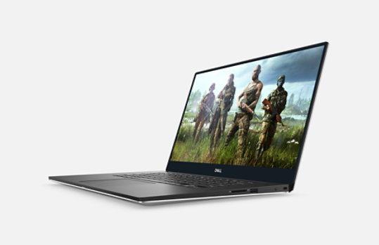 Right angled view of the Dell XPS 15 7590 with a game on screen.