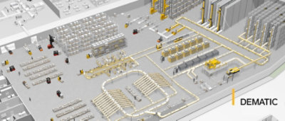 A rendering of a Dematic warehouse