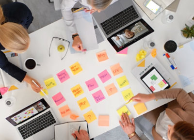 A top-down view of four people sitting around a tablet with laptops and notebooks, outlining a marketing plan with rows of Post-It notes.
