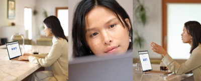 A view of a person working on a laptop in their kitchen, a view of them looking at a computer and a view of them in sitting at a countertop using a laptop. 