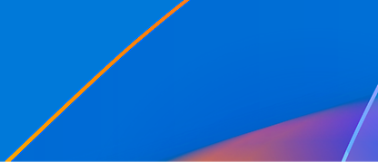Abstrakcyjne niebieskie tło z ukośną pomarańczową linią i wskazówką w kolorach gradientu w prawym dolnym rogu.