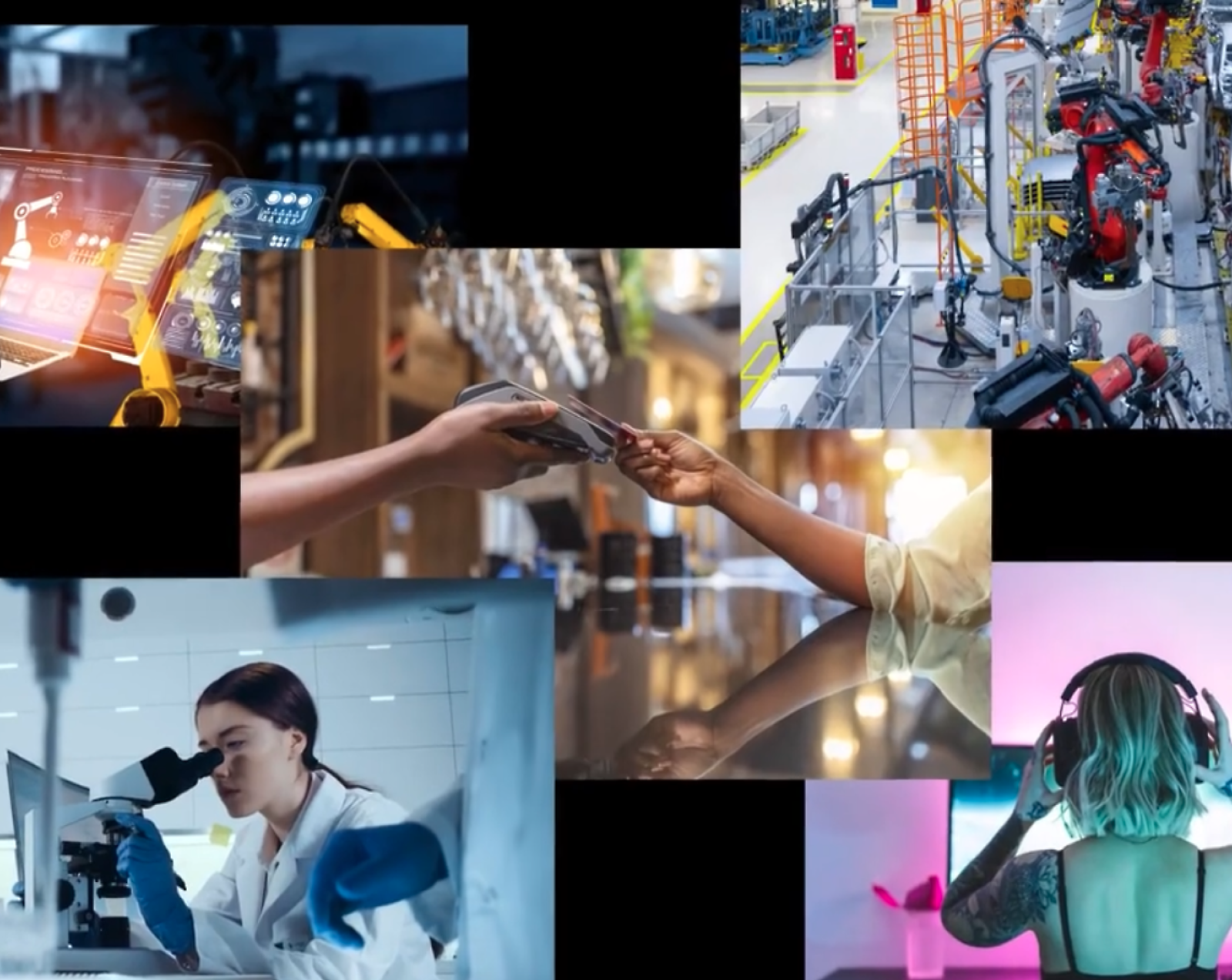 A collage of different images of people working in a factory