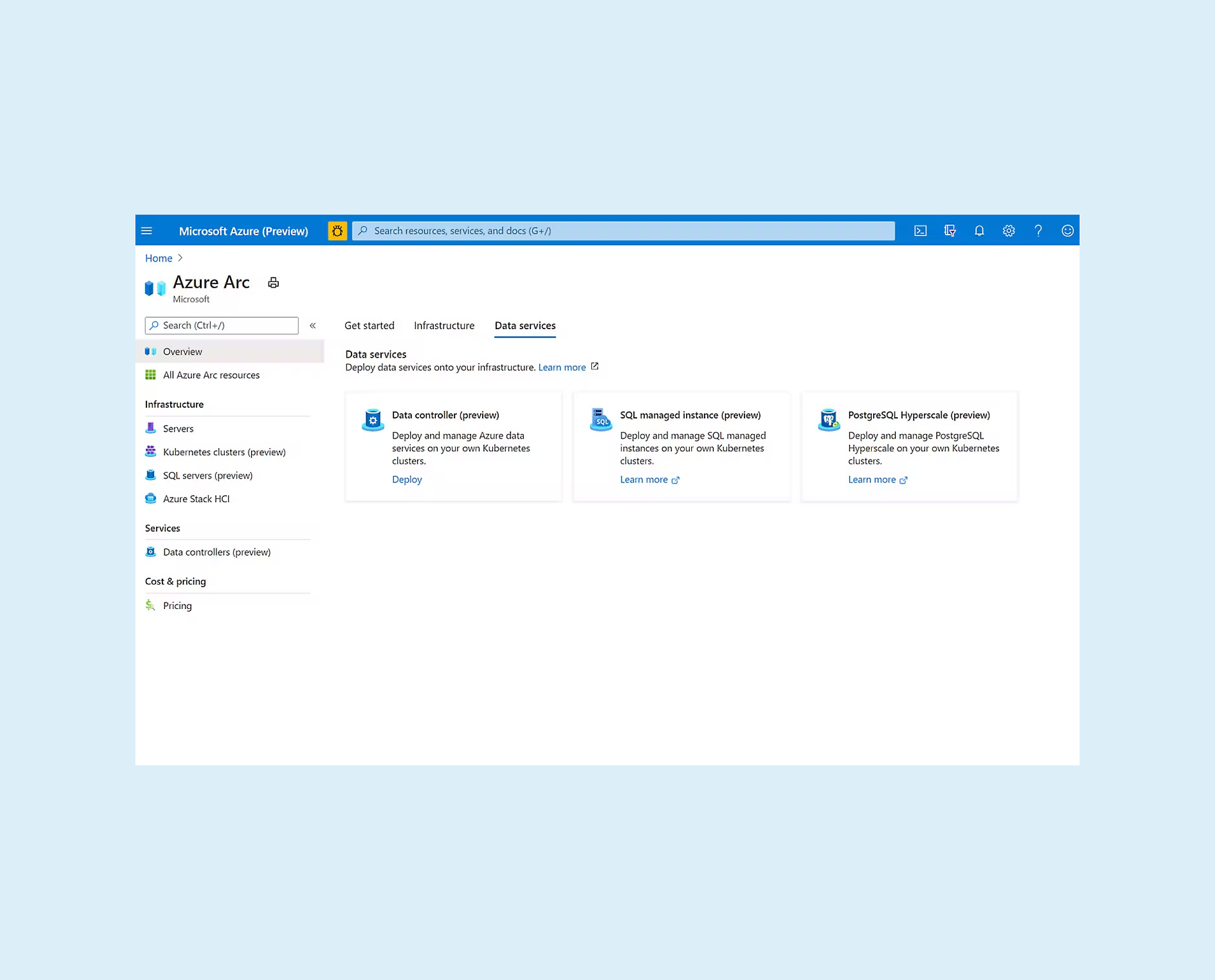 Microsoft Azure portal: AI + ML, analytics, compute, and databases service categories displayed.