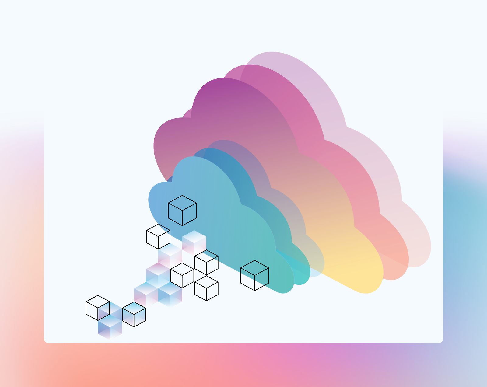 Colorful, layered cloud illustration with descending 3d cubes, creating a sense of depth and digitization, 