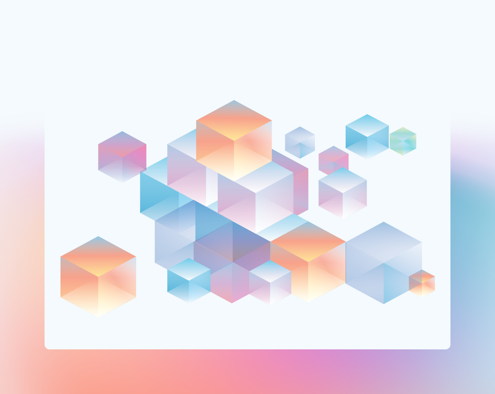 Floating geometric shapes in pastel colors with a soft gradient background.