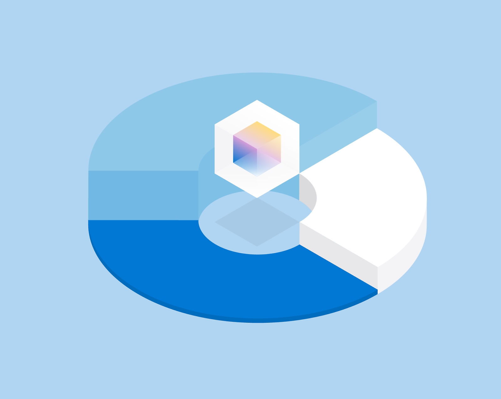 Anillo semitransparente en 3D con un cubo multicolor en el centro y segmentos azules y blancos.
