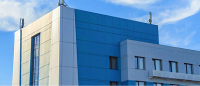 A blue and white building